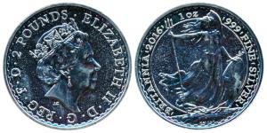 Great Britain , Queen Elizabeth II, Silver 2 Pounds, 31.1g, 1oz, 2016, rev. Standing figur