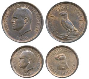 Great Britain, Lundy Island, Bronze 1 Puffin & ½ Puffin, Martin Coles Harman, 1929.Uncircu