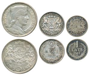 Lativia, Silver, 5, 2 & 1 Lati, Set of 3 coin (1932, 1926, 1924) (KM 9). Very Fine+. (3)