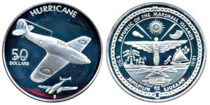 Republic of the Marshall Islands, Silver 50 Dollars, 31.1g, 1991, rev. World war II fighte