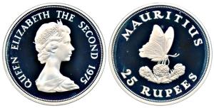 Mauritius, Queen Elizabeth II, Silver 25 Rupees, 28.28g, 1975, Blue Swallowtail (KM 40a). 