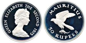 Mauritius, Queen Elizabeth II, Silver 50 Rupees, 35g, 1975, Mauritius Kestrel in flight (K