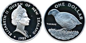 New Zealand, Elizabeth II, Silver 1 Dollar, Fantail bird sitting on branch, 28.28g, 1982, 