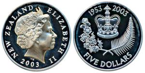 New Zealand, Elizabeth II, Silver 1 Dollar, 28.28g, 2003, Queen's Golden Jubilee, St Edwar