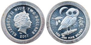 Niue, Queen Elizabeth II, Silver 2 Dollars, 31.1g, 1oz, 2017, rev. Owl on branch, crescent