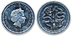 Niue, Queen Elizabeth II, Silver 2 Dollars, 31.1g, 1oz, 2018, rev. Two dragons with orb in