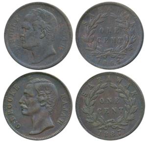 Sarawak, James Brooke Rajah, Copper 1 Cent, 1863; Charles Brooke Rajah, Copper 1 Cent (KM 