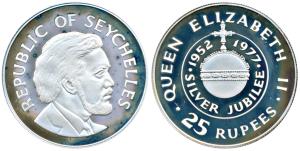 Seychelles, Silver 25 Rupees, 28.28g, 1977, rev. 25th Anniversary of the Accession of Quee