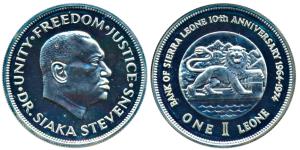 Sierra Leone, Silver 1 Leon, 28.28g, 1974, obv, Head of Dr. Siaka Stevens, rev. Lion to ri