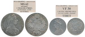 Tibet, Silver Rupee; Austria, Maria Theresa, Silver Thaler, 1780, (KM 1866). Within plasti