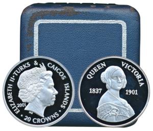 Turks & Caicos Islands, Elizabeth II, Silver 20 Crown, 31.1g, 2001, rev. Portrait of Queen