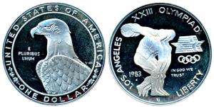 United States of America, Silver Dollar, 26.7g, 1983 Los Angeles XXIII discus thrower (KM 