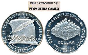 United States of America, Silver Dollar, 26.73g, 1987, Constitution, (KM 220). NGC PF69 Ul