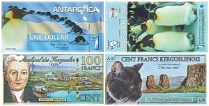 Polymer Fantasy Notes (2), Antartica, 1$, Penguins; Kerguelen Islands 100 Francs. Uncircul