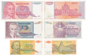 Yugoslavia, three different high denomination notes. About Extremely Fine. (3)
