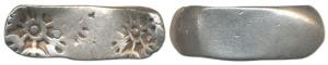 Archaic Punch Marked Coinage, attributed to Gandhara Janapada, Bent Bar, Silver 5 Shana, 1