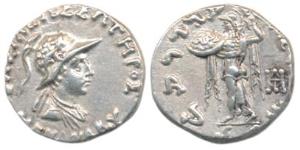 Indo-Greeks, Menander I, Silver Drachm, 2.46g, obv. helmeted bust of the king to right wit