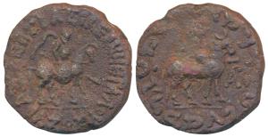 Indo-Scythians, Azes I, Copper Deca Chalkon, 24.31g, Hazara Mint, obv. king mounted on a h