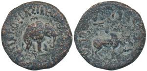 Indo-Scythians, Azes II, Copper Pentachalkon, 12.21g, obv. elephant standing to right, let