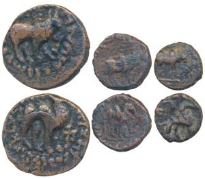 Kushanas, Kujula Kadphises (c. 30-80 AD), Copper, 8.92g, 4.12g and 2.19g, obv. bull walkin