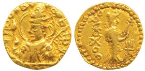 Kushanas, Huvishka (c. 152-192 AD), Gold Dinar, 6.38g, obv. nimbate and helmeted bust of t
