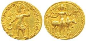 Kushanas, Vasudeva I, Gold Dinar, 7.92g, obv. king nimbate standing left, holding a triden