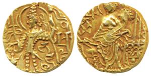 Kushanas, Kipanada, Gold Dinar, 7.58g, obv. king nimbate standing left, holding a trident 