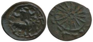 Pallavas of Kanchi (c. 250 AD), Potin, 2.48g, obv. bull standing to right with Brahmi lege