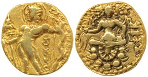 Guptas, Chandragupta II, Gold Dinar, 7.86g, ’Archer’ type, obv. king nimbate, standing lef