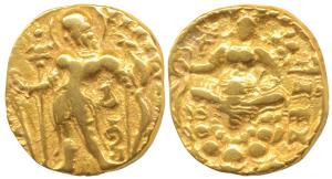 Guptas, Chandragupta II, Gold Dinar, ’Archer’ type, obv. king nimbate, standing left, hold