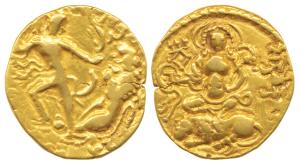 Guptas, Chandragupta II, Gold Dinar, 7.74g, ’Lion-Slayer’ type, obv. king slaying a lion t