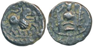 Vishnukundins, Andhra Region, Copper base Alloy, 1.62g, obv. lion standing to right with u