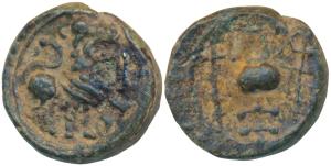 Vishnukundins, Andhra Region, Copper base Alloy, 2.30g, obv. lion standing to right with u