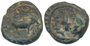 Post-Vakataka, Khandesh Region, Copper base Alloy, 4.85g, obv. bull walking to right with 