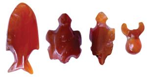 Ancient Beads, Carnelian in different shapes, such as fish, two tortoises and taurine, pro