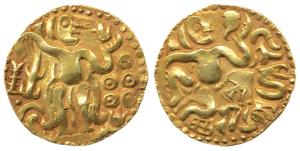 Imperial Cholas, Raja Raja I (985-1014 AD), Base Gold Kahavanu, 4.36g, obv. king reclining