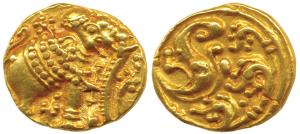 Western Gangas, Gold Gajapati Pagoda, 3.76g, obv. caparisoned elephant to right chewing su