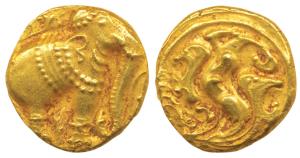 Western Gangas, Gold Gajapati Pagoda, 3.90g, obv. caparisoned elephant to right chewing su