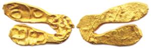 Shilaharas of Kolhapur or Feudatories (c. 1050-1212 AD), Gold U-Shaped Fanam, 0.52g, three