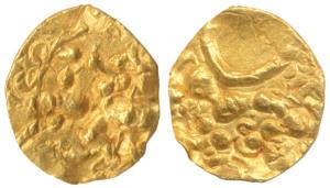 Hoysala, Gold Fanam, 0.39g, obv. lion and curved line; rev. Vishnu standing. Very Fine+, S