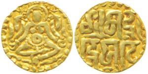 Kalachuris of Tripuri, Gangeya Deva, Gold 4 ½ Masha, 4.01g, obv. Goddess Lakshmi seated fa
