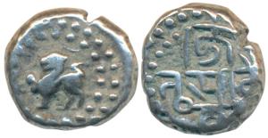 Chowhans of Ranthambhor, Jaitra Simha, Silver Dramma, 4.29g, obv. lion facing to left; rev