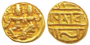 Vijayanagar Empire, Devaraya I (1406-1422 AD), Gold ½ Pagoda, 1.67g, obv. Shiva-Parvati se