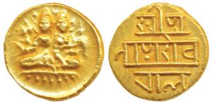 Vijayanagar Empire, Devaraya I, Gold ½ Pagoda, 1.65g, obv. Shiva-Parvati seated, Siva hold