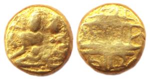 Vijayanagar Empire, Devaraya I, Gold Pagoda, 3.39g, obv. Shiva-Parvati seated, Siva holdin