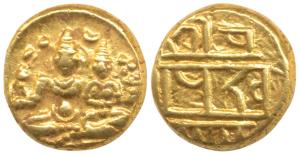 Vijayanagar Empire, Devaraya I, Gold Pagoda, 3.43g, obv. Shiva-Parvati seated, Siva holdin