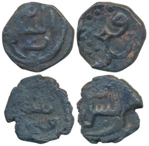 Fath Shah, Copper ½ Kaserah (2), obv. Fath shah, rev. als sultan (G&G K62 & 63). Fine, Rar