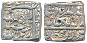 Akbar, Silver Square Rupee, 11.40g, Dar us-Sultanate Fathpur Mint, AH 986, Kalima type, co