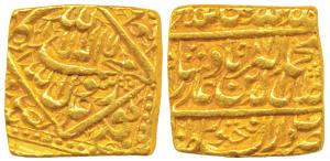 Akbar, Square Heavy Gold Mohur, 12.1g, Dar us-Sultanate Fathpur Mint, AH 987, Kalima type 