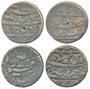 Shah Jahan, Silver Rupee (2), 11.39g & 11.14g, Burhanpur Mint, Kalima within leaf like qua